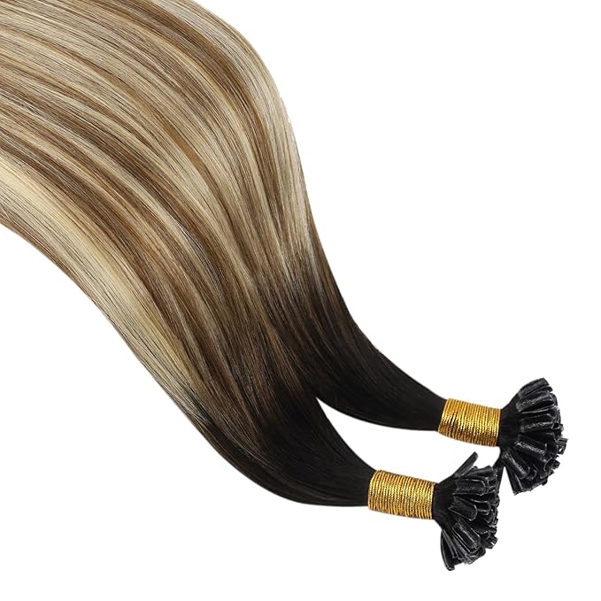 YoungSee U Tip Extensions Human Hair Balayage Utip Hair Extensions Human Hair Brown with Blonde Balayage K Tip Hair Extension Real Hair Ombre Long Hair 24In for Date Nights 50s/50g