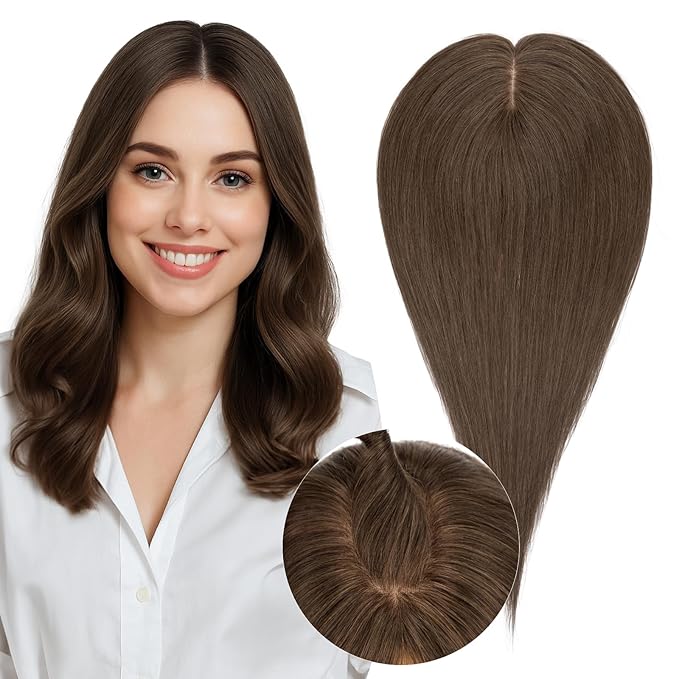 Real Human Hair Toppers for Women 3.54"*4.72" Silky Base 150% Density No Bangs Adjustable Parting Clip-In Topper Hairpieces for Women with Thinning Hair 14 Inches Natural Brown