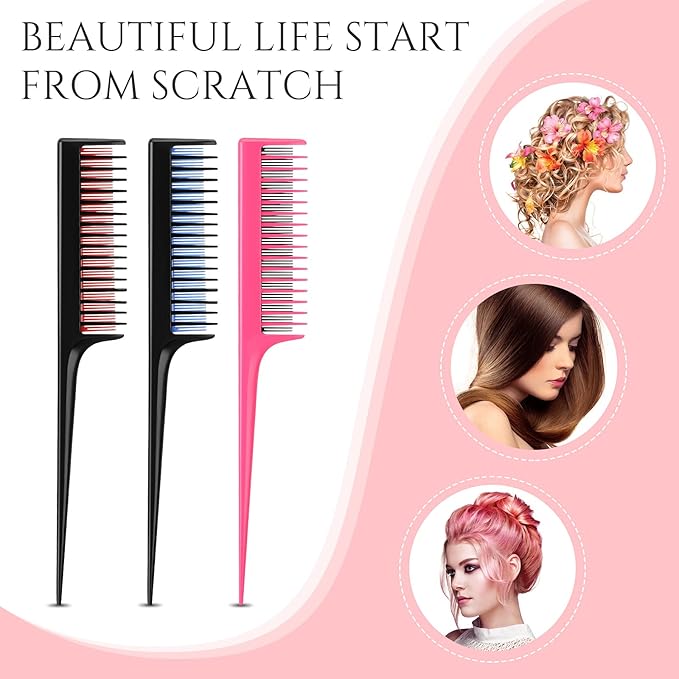 Leinuosen 3 Pcs Triple Teasing Comb for Women Plastic Rat Tail Comb Heat Resistant Pintail Tease Layer Tool for Thick Fine Hair Styling Backcombing Volume Structure(Black and Red Blue Pink)