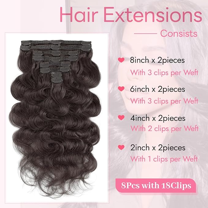 Clip in Hair Extensions Real Human Hair Body Wave 2 Dark Brown Clip in 100% Brazilian Remy Human Hair Extensions 8pcs Per Set with 18 Clips Double Weft 20 Inch 105g/3.6oz