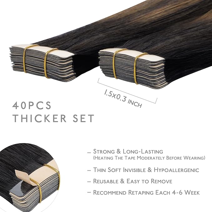 WENNALIFE Tape in Hair Extensions Human Hair, 40pcs 100g 14 inch Balayage Natural Black to Chestnut Brown Hair Extensions Real Human Hair Straight Tape in Extensions Invisible Human Hair Extensions