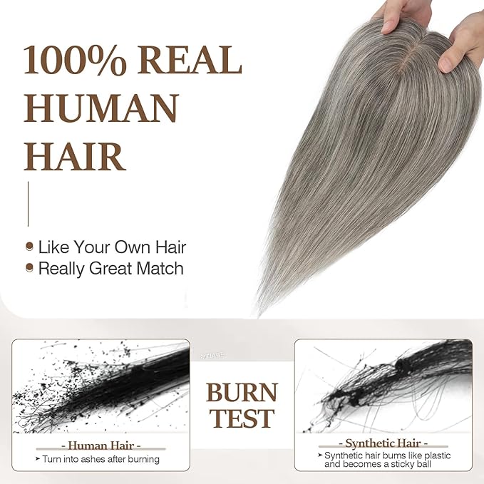 Rich Choices Hair Toppers for Women Real Human Hair 100% Human Remy Toppers NO Bangs for Women with Thinning on Top Clip in Hairpiece 4"x4.7"Lace Base 10 Inch Salt and Pepper G2 Sliver