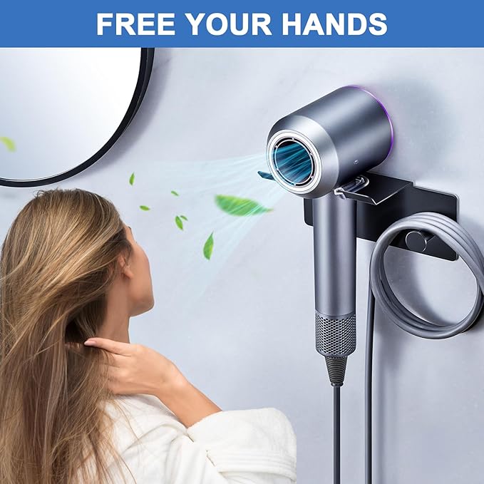 Hair Dryer Holder Wall Mounted, Blow Dryer Holder Adhesive, Metal Hairdryer Holder for Bathroom, Hair Tool Organizer with Plug&Cord for Cabinet Bathroom Bedroom Barber Shops