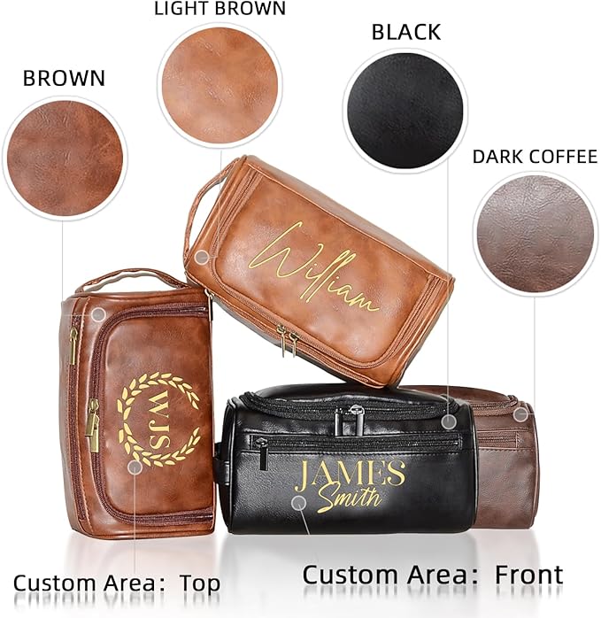 Personalized Toiletry Bag for Men, Engraved Name Initials Toiletry Bag, Customized Monogram Travel Shaving Dopp Kit for Groomsmen, Gift for Christmas, Birthday, Dad, Husband (Light Brown)