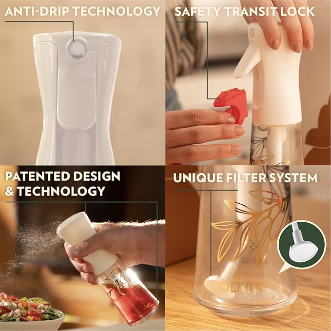 FLAIROSOL OLIVIA Oil Sprayer for Cooking, 2 Pack 200ML Glass Olive Oil Sprayer, Continuous Cooking Spray Dispenser with Portion Control for Kitchen Air Fryer, Salad, BBQ, White