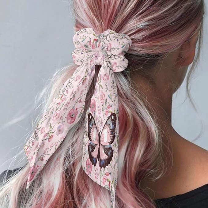 Butterfly Bow Hair Ties for Women Floral Pack of 2 Fashion Satin Hair Ties for Thin Hair Pink Aesthetic Scrunchies with Knot No Damage Ponytail Decor Band