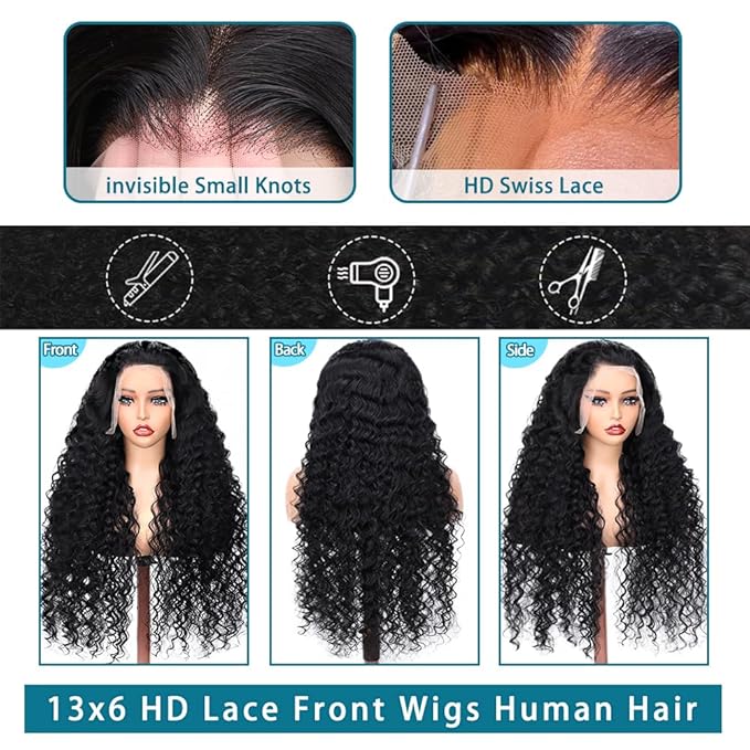 SOSATISFY 28 Inch 13x6 Deep Wave Lace Front Wigs Human Hair 200 Density HD Transparent Lace Frontal Curly Wigs for Women Glueless Curly Wigs Pre Plucked with Baby Hair Natural Color