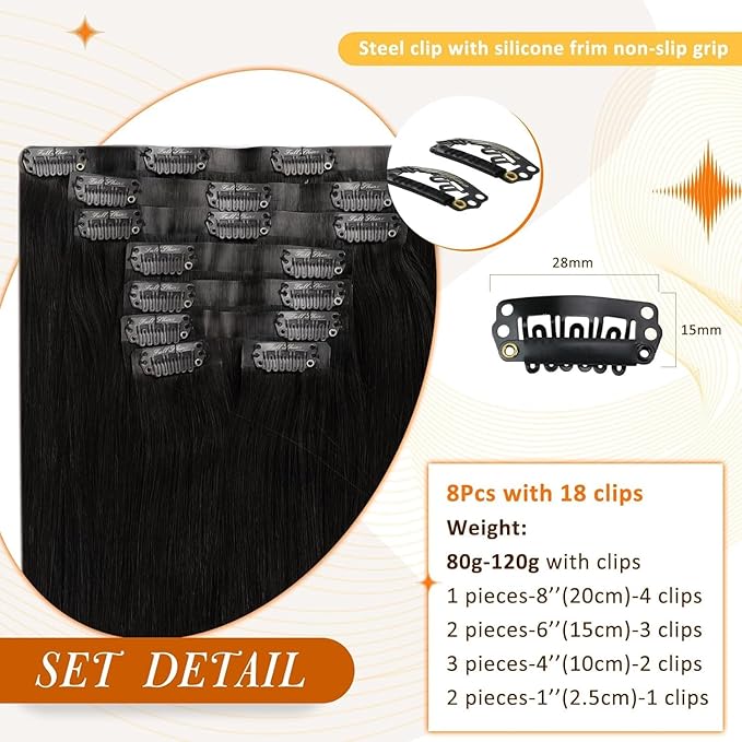 Full Shine Clip in Human Hair Extensions 20 Inch Black with Light Brown Highlights Blonde Seamless Clip ins for Women PU Weft Remy Hair Thick Ends 8 PCS 120G