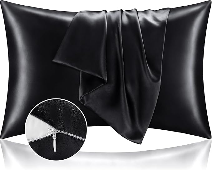 BEDELITE Satin Pillowcase with Zipper 2 Pack, Black Pillow Cases Standard Size, Super Soft and Cooling Similar to Silk Pillow Cases, Gift for Women Men(20x26 Inches)