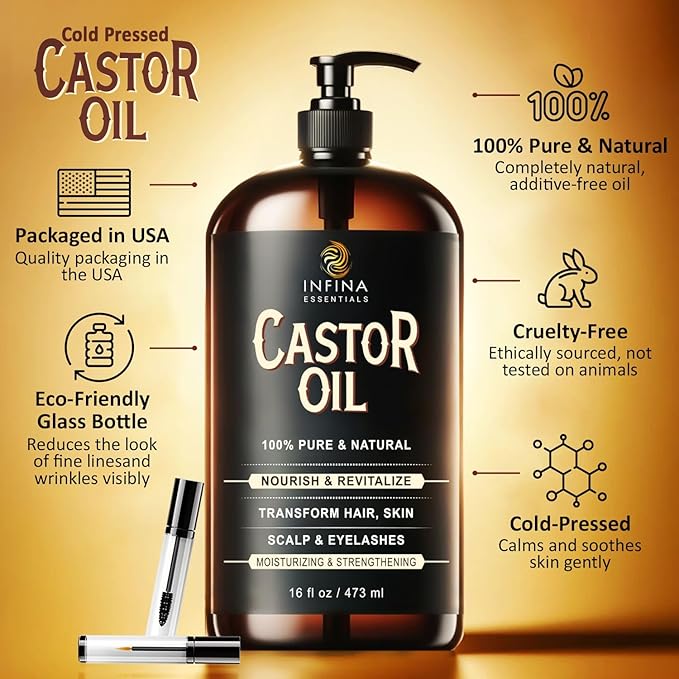 Pure Cold Pressed Castor Oil - Hexane Free, Glass Bottle for Hair Growth, Face, Scalp, Skin & Eyelashes - Nourishing and Moisturizing - 16 fl oz