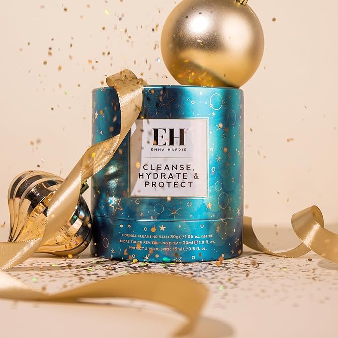 Emma Hardie Cleanse, Hydrate & Protect Gift Set: 30ml Moringa Cleansing Balm, 30ml Midas Touch Revitalising Cream & 15ml Protect & Prime SPF30 Sunscreen Face Moisturiser, Natural & Cruelty Free