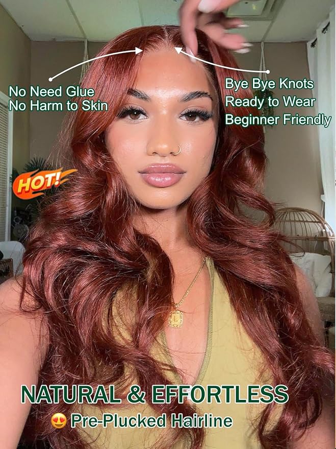 KLAIYI Bye Bye Knots Glueless Wig Reddish Brown Body Wave 7x5 Pre Cut HD Lace Front Wigs Human Hair Put On And Go Wig Pre Bleached Pre Plucked with Baby Hair 30S Ready To Wear 150% Density Full 24Inch