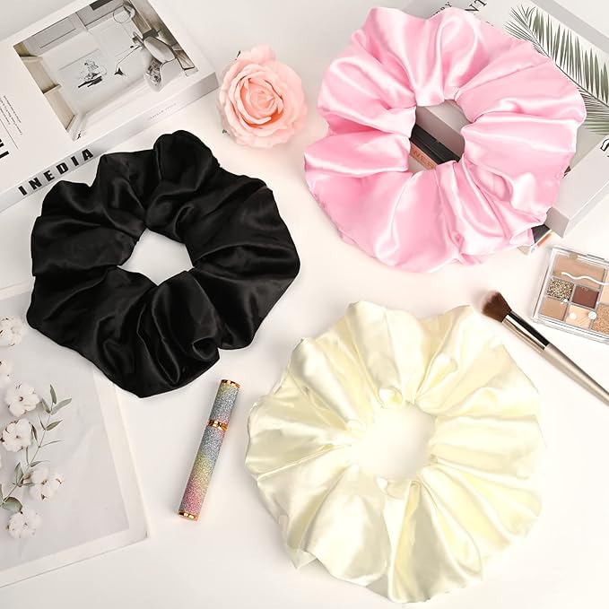 9.5 inch Silk Scrunchies - Jumbo & Giant Satin Scrunchies - Thick Elastic Fluffy Hair Ties for Women & Girls - 3 Pack (Black, Pink, Ivory)