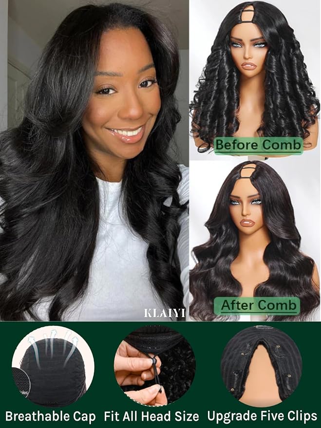 KLAIYI EasiContour V Part Wig Human Hair Body Wave Glueless Upgrade U Part Wig No Leave Out No Gel Clip in Half Wig V Shape Pull and Go Beginner Friendly Ready to Wear Natural Black Color 150% 20Inch