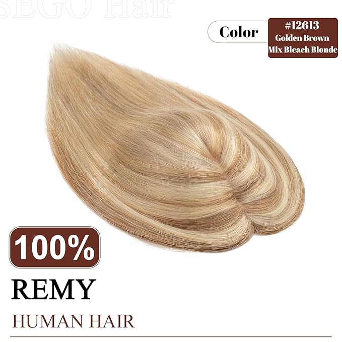 SEGO Real Human Hair Topper for Women without Bangs, Hair Topper with Anti-Slip Clips (14 Inches Golden Brown Mix Bleach Blonde)