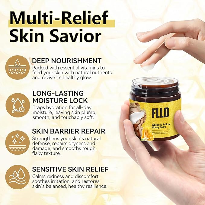 Organic Grass Fed Whipped Tallow and Honey Balm 4oz - Facial Cream, Lip Moisturizer, Body Balm