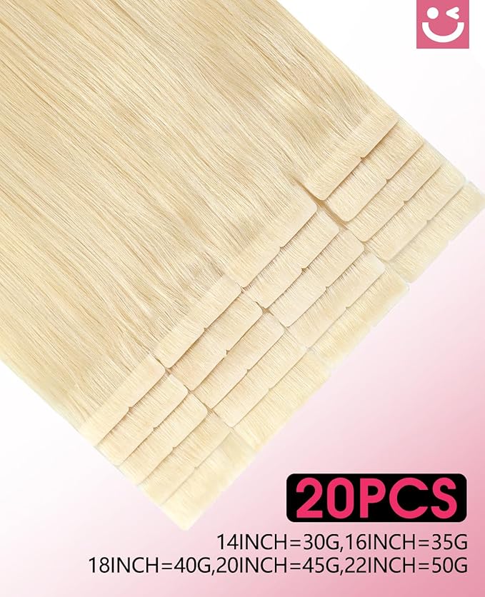 Youngsmile Injection Tape in Hair Extensions Human Hair #60 Platinum Blonde 20pcs 30g 14 Inch Injected Tape in Hair Extensions Real Human Hair Tape ins (#60,14'')