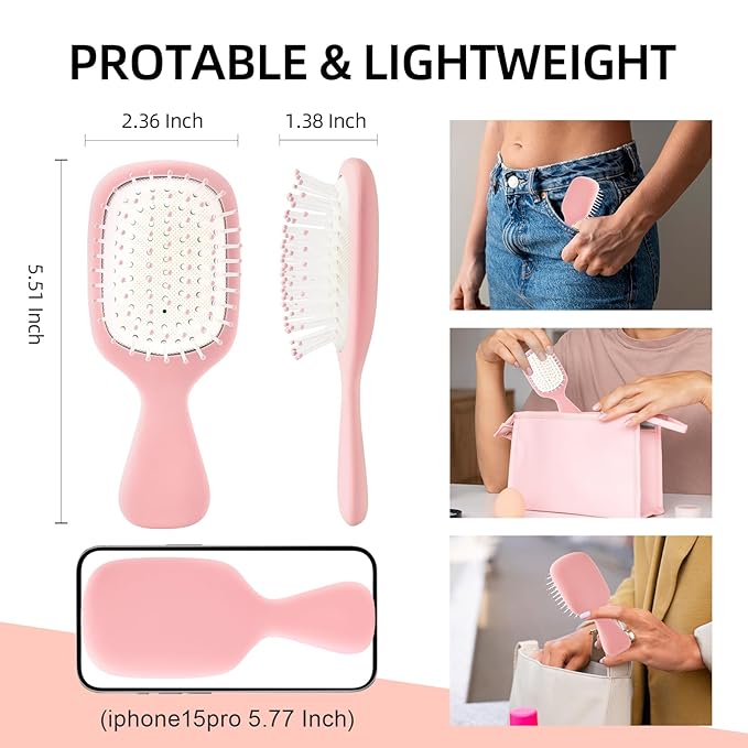 Mini Hair Bursh for Women Men and Kids, Protable Travel Size Hair Brush for Pockets Purses, Mini Detangler Brush for All Hair Types, Small Paddle Brush for Detangling (1 Pack-Pink)