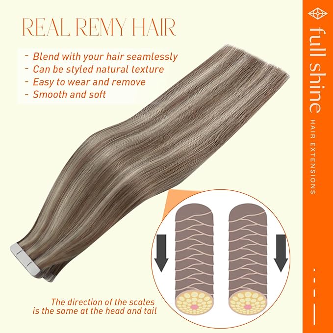 Full Shine Blonde Tape in Hair Extensions Human Hair 16Inch Soft Remy Hair Extensions Color 8 Ash Brown Highlights 60 Platinum Blonde Tape in Extensions Skin Weft Hair Extension Tape ins 50G 20Pcs