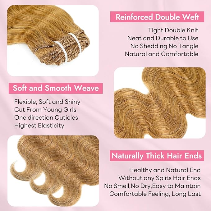 Clip in Hair Extensions Real Human Hair Body Wave 27 Honey Blonde Clip in 100% Brazilian Remy Human Hair Extensions 8pcs Per Set with 18 Clips Double Weft 18 Inch 100g/3.6oz