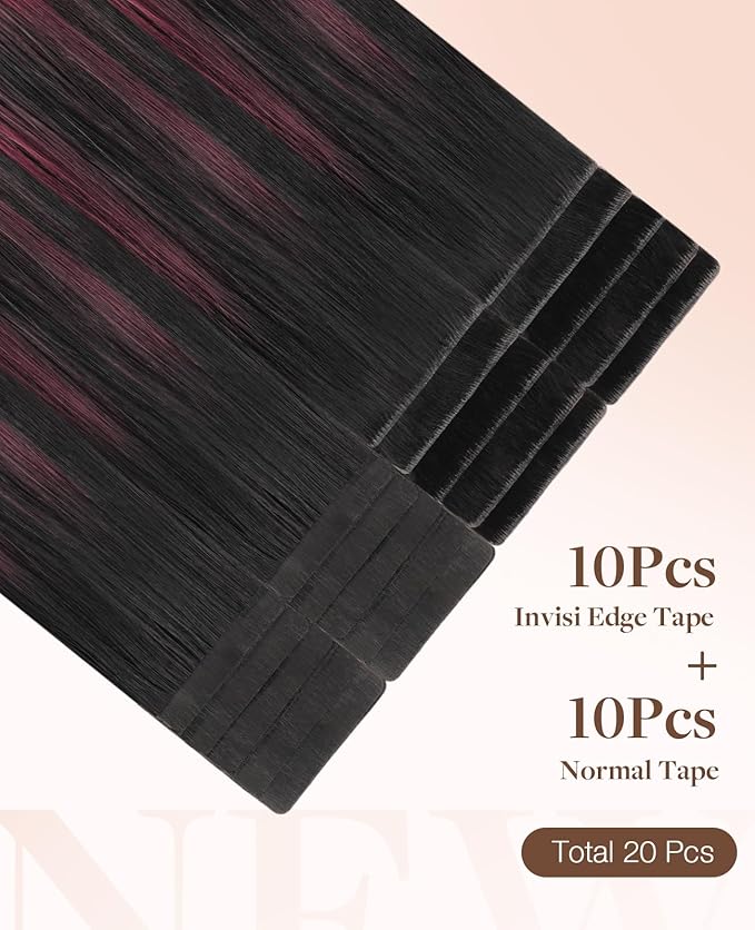 GOO GOO Invisi Edge Tape in Hair Extensions Human Hair, 1/99 Balayage Jet Black to Red 10pcs injected with 10pcs classical tape ins, 22inch 50g, Virgin Remy Hair, Natural Look