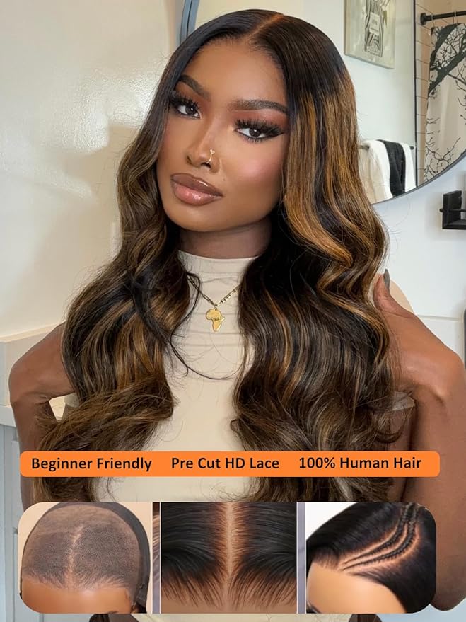 Julia Hair Bye Bye Knots Glueless Wig Highlight Balayage Brown Body Wave 7x5 Pre Cut HD Lace Front Wigs Human Hair Pre Plucked Bleached Knots Pre Everything Ready To Go Ombre Wig 20 Inch