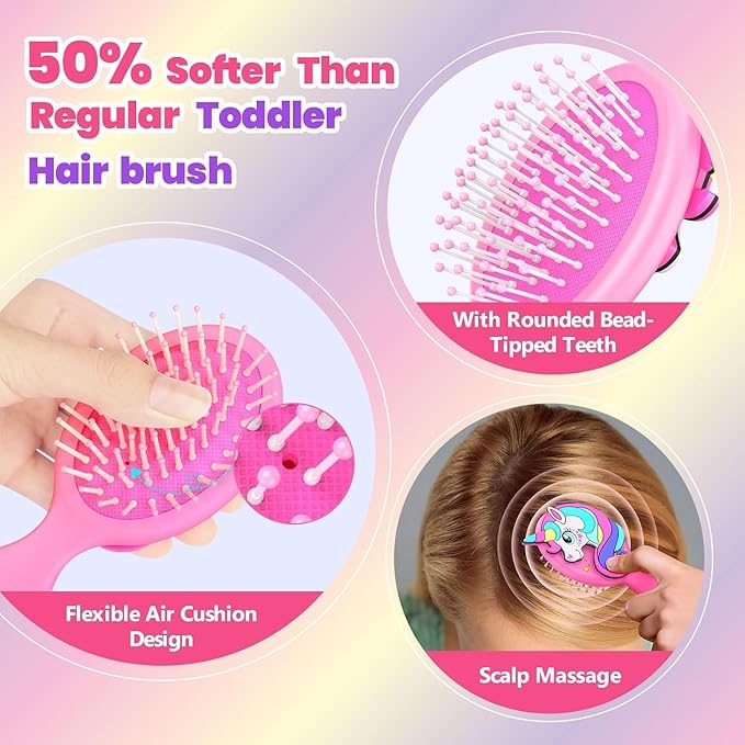 Toddler Hair Brush for Toddler Boys & Kids Ages 2-4+, Aqua Mini Unicorn Hairbrush, Gentle Detangling brush, Wet & Dry Hair, Ball-Tip Bristles for Sensitive Scalp, Travel Hairbrush