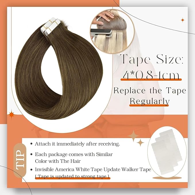 Full Shine Brown Tape in Hair Extensions Color 3 Brown Tape in Extensions Human Hair 22Inch Remy Seamless Invisible Skin Weft Cuticles Aligned 40Pcs for Women Daily Office Look 100G