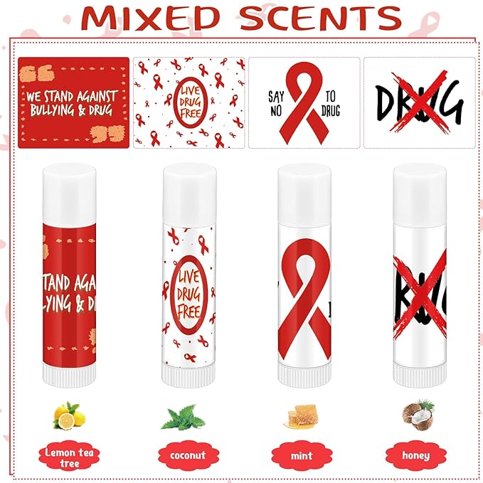 Fumete 50 Pcs Red Awareness Ribbon Lip Balm Bulks Red Ribbon Week Support Gift Red Ribbon Week Supplies Mental Health Awareness Items for Unisex Adults Volunteer Fundraising Charity Activity
