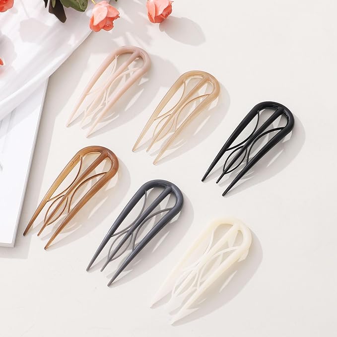 6 PCS French Hair Pins for Women - Large U-Shaped Hair Forks with Internal Teeth, Strong Hold for Thick & Thin Hair, Effortless French Twists, Updos, Buns & Chignons, Hairstyle Accessories