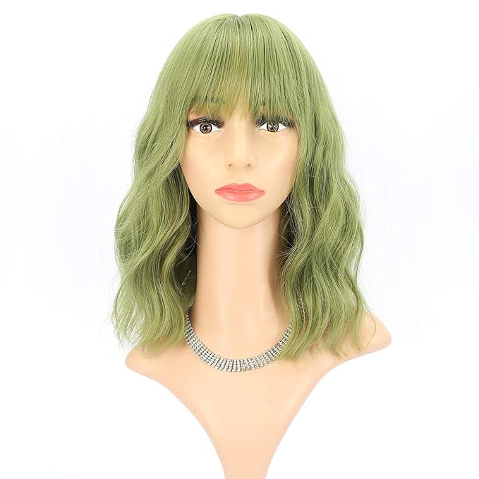FAELBATY Green Wave Bob Wigs With Bangs Synthetic Cosplay Wig for Girl Shoulder Length Wig for women Costume Wigs(12" Light Jade Green)