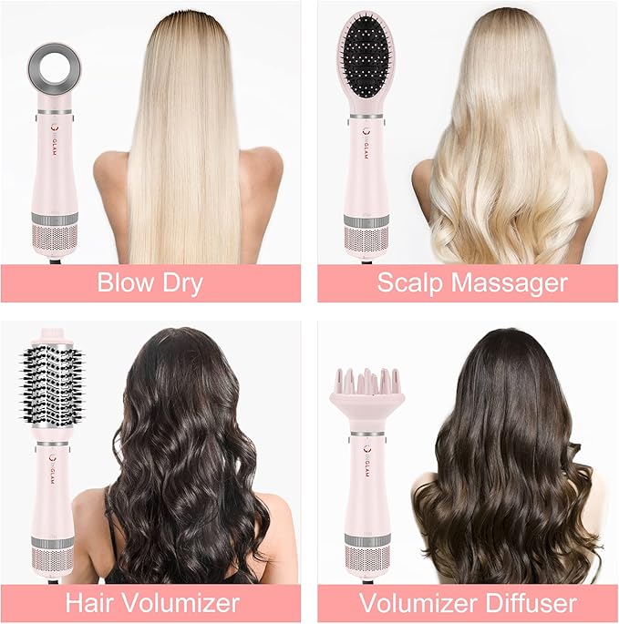 IG INGLAM 4 in 1 Blowout Hair Dryer Brush Set - Negative Ion Detachable Hair Dryer, Volumizer Styler with 2 Brush Heads, Pink