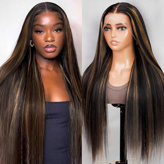 Ombre Lace Front Wig Human Hair 1B/30 Highlight Straight Wigs 13X6 Transparent Lace Frontal Glueless Wigs Honey Blonde Colored Human Hair Pre Plucked for Women 20inch