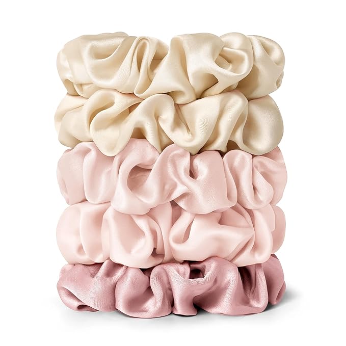 LILYSILK Silk Hair Scrunchies Ties for Frizz & Breakage Prevention 100% Mulberry Elastic Ponytail Holder 5PC (2 gravel gold+2 pale pink+1 rosy pink)