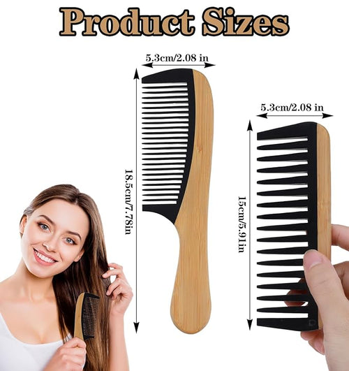 2Pcs Bamboo Wide Tooth Comb, Bamboo Fine & Wide Tooth Comb Anti-Static for Thick & Wavy Hair for Men Women Durable Eco-Friendly Natural Wood Finish, Ideal for Detangler Frizz Control