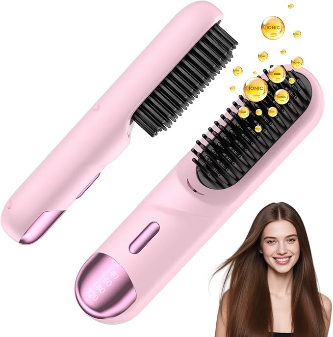 Go Brush Pro 2026 Hair Straightener Brush 300 Million Negative Ionic Portable Hair Straightener Comb for Women with 4 Temps Fast Heating MCH Ceramic Coating Smooth Frizz Hair Light Pink