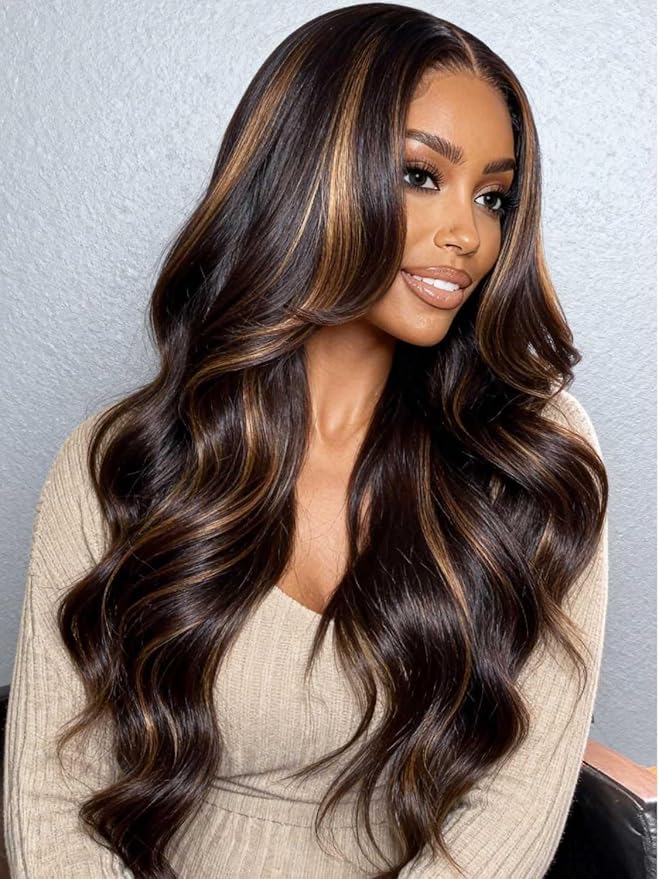 YIROO V Part Wig Human Hair Highlight Chestnut Brown Ombre Body Wave Human Hair Wig No Leave Out 12A Glueless Upgrade U Part Wigs Clip in Half Wig No Glue No Sew Beginner Friendly 150% Density 20inch
