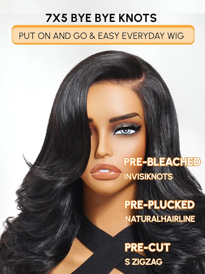 Julia Hair Bye Bye Slip Wig Feathered Layer Side Part Human Hair Wig 200% Density 7X5 Pre Cut Lace Closure Loose Body Wave Wigs Pre Everything Glueless with Secure Silicone Strips Drawstring 14 Inch