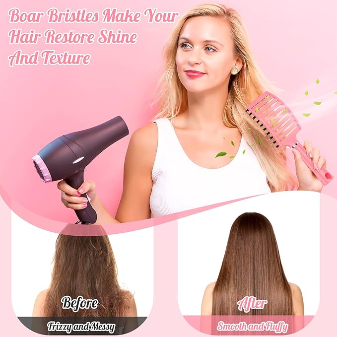 URTHEONE Hair Brush,Detangling Hairbrush Boar Bristle Hair Brushes for Women Men Kids Curly Thick Long Short Wet or Dry Hair, Curved Vented Detangler Brush for Faster Blow Drying (Pink)