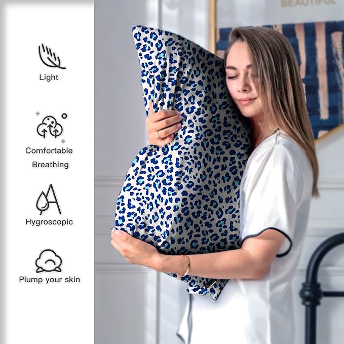 Mulberry Silk Pillowcase for Hair and Skin King Size Leopard Print Silk Pillow Cases with Zipper Soft Breathable Smooth Cooling Silk Pillow Covers for Sleeping (Blue Leopard,20"X 36",1Pcs)
