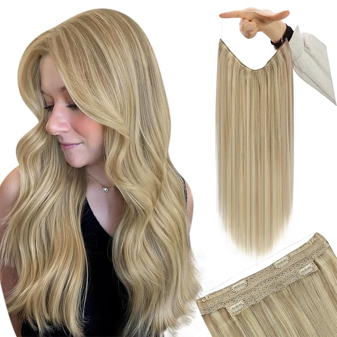 YoungSee 130G Wire Hair Extensions Human Hair Blonde Highlight Human Hair Wire Extensions Golden Blonde Headband Hair Extensions Mix Light Blonde Long Straight Hair 22Inch