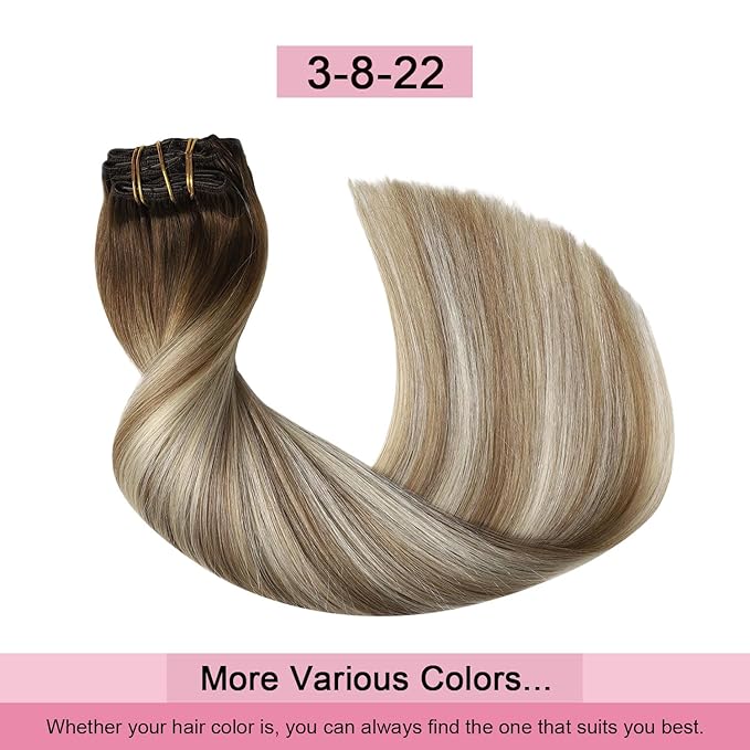 Pro2.0 Clip in Hair Extensions Real Human Hair 20inch 7pcs #3/8/22 Walnut Brown to Ash Brown and Golden Blonde Remy Real Human Hair Extensions Clip ins 120g Thick Double Weft（#3/8/22-20inch）