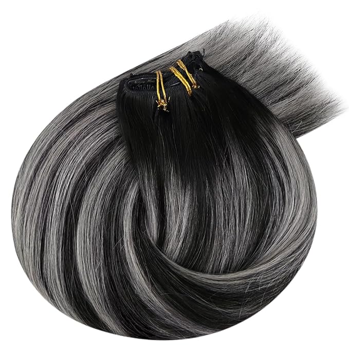 Ve Sunny Real Hair Extensions Clip in Human Hair Black Ombre Grey Balayage Remy Clip in Hair Extensions Human Hair Full Head Set 18inch 7pcs 120g