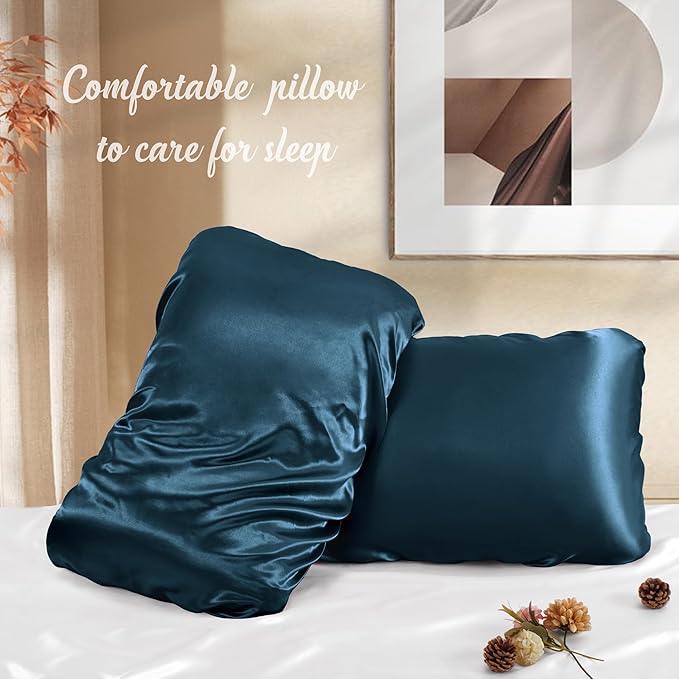Manyshofu Satin Pillowcases for Hair Protection - 2Pcs Navy Blue Pillow Cases, Elastic Band Standard & Queen Satin Pillowcases Luxury Silky Pillow Cases Travel Pillow Covers
