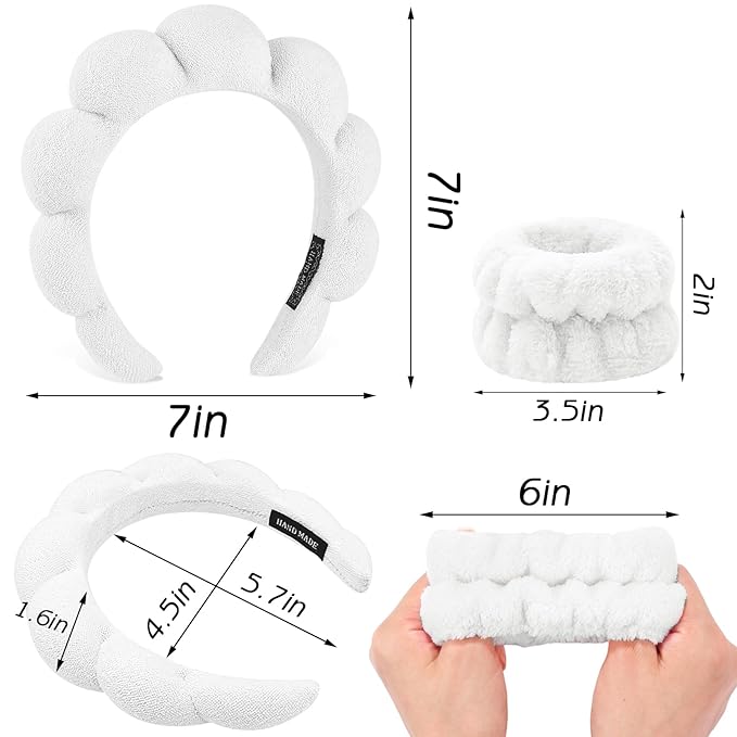 Zkptops 6Pcs Spa Headband for Washing Face Wristbands Set Women Bubble Skincare Makeup Sponge Terry Cloth Padded Puffy Headband Bow Tie Hairband Cute Non Slip Thick Hair Accessory Gifts (White)