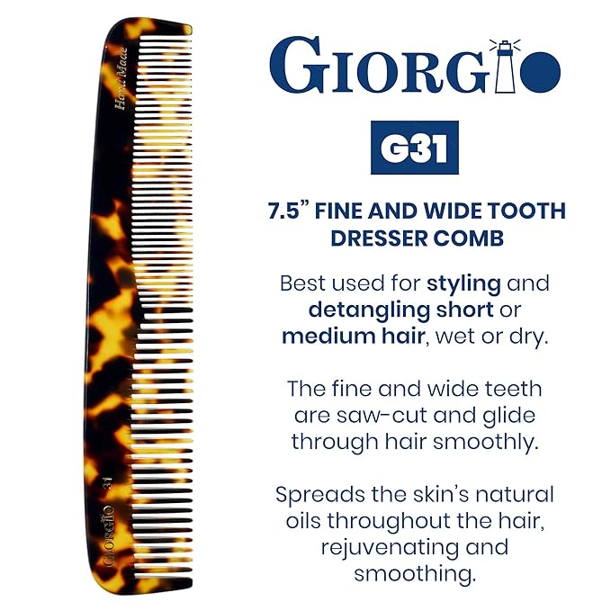 Giorgio G31 Fine Tooth and Wide Tooth,Hair Comb - Hair Styling Comb for Men, Grooming Hair Combs for Women, Mens Beard Care Combs for Detangling and Styling - Handmade Saw-Cut and Hand Polished