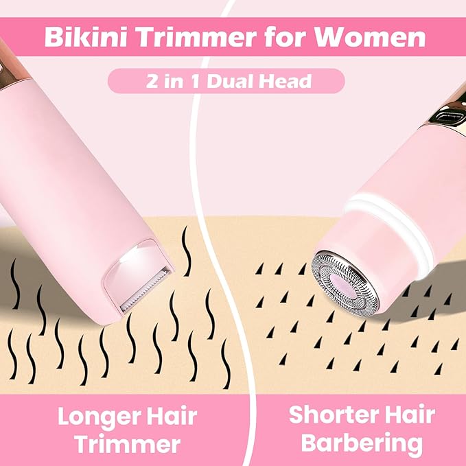 Bikini Trimmer for Women, Glow Aura Womens Shaver, Quiet Dual Head Waterproof Cordless Rechargeable Painless Trimmer for Underarms, Legs, Body (Pink)