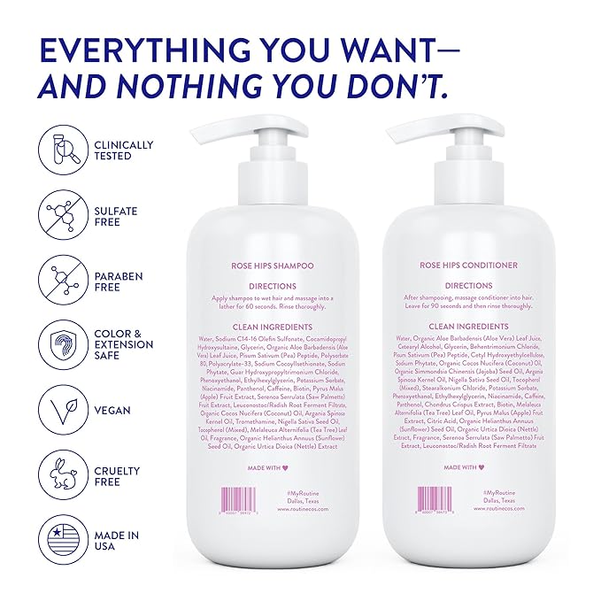 Routine Wellness Anti-Thinning Shampoo and Conditioner Set for Thinning Hair - Biotin DHT Blocker Women & Men - Color Safe Shampoo for Hair Loss & Healthier Hair - Rose Hips (Pack of 2)