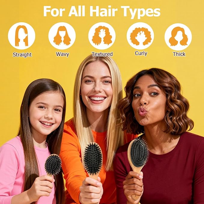 Boar Bristle Hair Brush Gift Set for Women & Men, 100% Natural Bristle & Nylon, Reduces Frizz & Static, Gentle Detangling for All Hair Types Thick Thin Curly Straight, Large Size