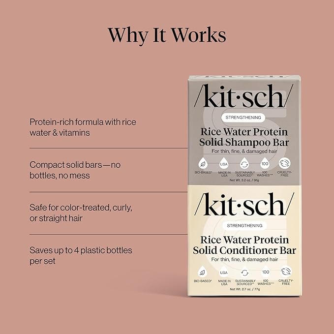 Kitsch Rice Water Protein Solid Shampoo and Conditioner Set for Hair Growth – Strengthening Hair Care Duo w/Rice Protein & Vitamins for Damage Repair – Paraben, Sulfate & Silicone Free, Made in USA